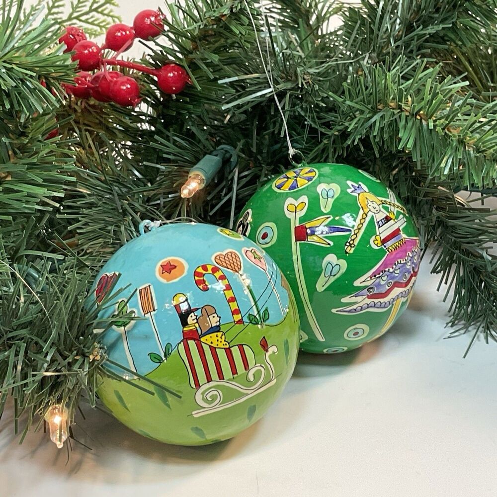 Paper Mache Christmas Ornaments 3” Hand Painted Set of 2 Brights Kashmiri India